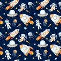 Space Seamless pattern with Astronaut, cosmonaut, Space rocket, Flying saucer UFO, Spaceship, alien, Unidentified flying