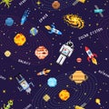 Space seamless pattern background, alien spaceman, robot rocket and satellite cubes solar system planets pixel art Royalty Free Stock Photo