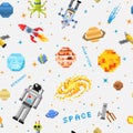 Space seamless pattern background, alien spaceman, robot rocket and satellite cubes solar system planets pixel art Royalty Free Stock Photo