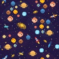 Space seamless pattern background, alien spaceman, robot rocket and satellite cubes solar system planets pixel art Royalty Free Stock Photo