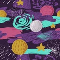 Space Seamless Pattern. Childish Cosmic Background with Planets, Stars and Abstract Elements. Baby Freehand Doodle Royalty Free Stock Photo