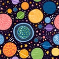 Space seamless pattern with colorful planets and stars on black background. Cosmos. Vector illustration Royalty Free Stock Photo