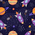 Space seamless pattern. Cosmic illustration with rockets, planets, comets and stars. Cartoon cosmos background