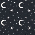Space seamless pattern. Hand drawn line moon and stars collection. Doodle cosmos, fantastic decor textile, wrapping paper