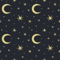 Space seamless pattern. Hand drawn line moon and stars collection. Doodle cosmos fantastic decor textile, wrapping paper wallpaper