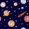 Space seamless pattern - planets, comet, stars. Watercolor astronomy science repeating background Royalty Free Stock Photo