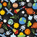 Space seamless pattern. Planets and rockets, UFO and alien, sate Royalty Free Stock Photo