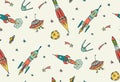 Space seamless pattern with rockets and spaceships.