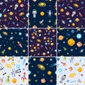 Space seamless pattern set background, alien spaceman, robot rocket and satellite cubes solar system planets pixel art Royalty Free Stock Photo