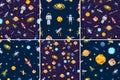 Space seamless pattern set background, alien spaceman, robot rocket and satellite cubes solar system planets pixel art Royalty Free Stock Photo