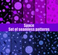 Space seamless pattern set. Galaxy, background with spaceships, asteroids and stars. Vector