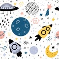 Space seamless pattern with spaceships planets moon stars stardust galaxies and abstract elements. Hand drawn Scandinavian