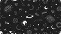 Space seamless pattern. Stars moon planets vector illustration. Galaxy seamless texture, doodle universe background