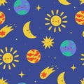 Space seamless pattern with sun, moon, stars, planets. Vector graphics Royalty Free Stock Photo