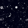 Space seamless pattern with zodiac constellations, galaxy, stars, planets in outer space. Texture for wallpapers, fabric, wrap,