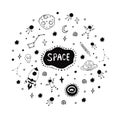 Space set collection. Science set collection. Cute, funny background. Hand drawn artwork. Black and white. Coloring book