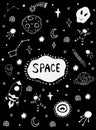 Space set collection. Science set collection. Cute, funny background. Hand drawn artwork. Black and white. Coloring book