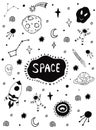Space set collection. Science set collection. Cute, funny background. Hand drawn artwork. Black and white. Coloring book