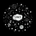 Space set collection. Science set collection. Cute, funny background. Hand drawn artwork. Black and white. Coloring book