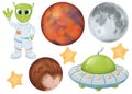 Space set. green cute alien waves its hand. Alien spacecraft. Cartoon UFOs. Moon, Mars, Pluto. Three yellow stars