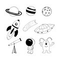 Space set icon. vector hand drawn. card, poster, sticker. monochrome, minimalism. planets, astronaut, rocket, ufo, alien, Royalty Free Stock Photo