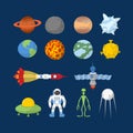 Space set of icons. Vector Illustrator. Cartoon heroes: alien Royalty Free Stock Photo