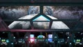 Space ship futuristic interior. Cabine view. Galactic travel concept. 3d rendering.