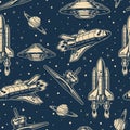 Space ship seamless pattern monochrome