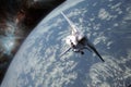 Space ship shuttle flying near earth from the hurricane and massive clouds in atmosphere, image made of NASA photos f