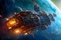 Space ship after a space battle. AI generated. Royalty Free Stock Photo