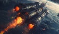 A space ship with three rocket engines is flying through space by AI generated image Royalty Free Stock Photo