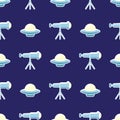 Space ship, ufo, rocket and telescope seamless pattern background. Flying saucer and astronomical telescope on blue Royalty Free Stock Photo