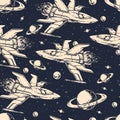 Space ships seamless pattern monochrome