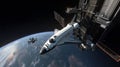 A space shuttle approaching a space station, with the Earth visible in the background below. . Royalty Free Stock Photo