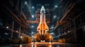 Space shuttle is in assembly shop of plant at night, rocket before start, fantasy view of aerospace factory. Concept of travel,