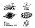 Space shuttle, black hole and galaxy, robot and mars, lunar rover, moonwalker and colony, astronaut exploration