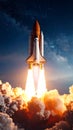 Space shuttle blasts off into the starry night sky with dramatic fire and smoke Royalty Free Stock Photo