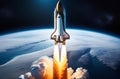 Space shuttle flight in space. Rocket launch. Earth planet and clouds space Royalty Free Stock Photo