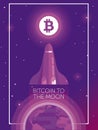 Space shuttle fly from Earth to bitcoin logotype on the moon