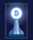 space shuttle fly to bitcoin logotype on the moon