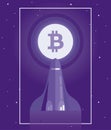 space shuttle fly to bitcoin logotype on the moon