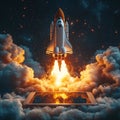 Space shuttle launch over tablet, city reflected Royalty Free Stock Photo
