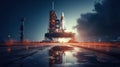 Space shuttle is on launch pad before start, rocket on sky background at night. Concept of travel, technology, science, sls, ship Royalty Free Stock Photo