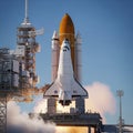 Space Shuttle Launch with Tower and Smoke Billowing Against a Blue Sky Royalty Free Stock Photo