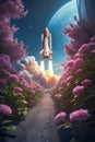 The space shuttle launched its journey from the pink flower garden planet park. Dream, science fiction, fantasy about exploration