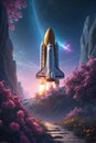 The space shuttle launched its journey from the pink flower garden planet park. Dream, science fiction, fantasy about exploration