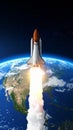 Space Shuttle Launching Into Space Above Planet Earth with Smoke and Flames Royalty Free Stock Photo