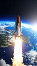 Space Shuttle Launching Orbit Earth View Spaceship Rocket Blasting into Cosmos Space Travel Exploration Mission Royalty Free Stock Photo