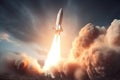 a space shuttle launching into the sky with smoke coming out of it\'s back and landing on the ground