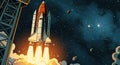 A space shuttle launching into a starry sky, illustrated in a comic book style. The Royalty Free Stock Photo